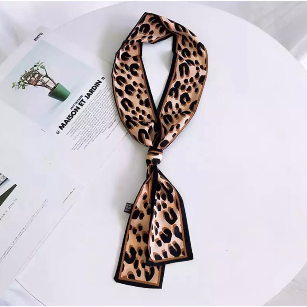 Skinny Brown & Black Leopard Print Soft Silk Scarf Tie Bag, Belt, Headband NEW